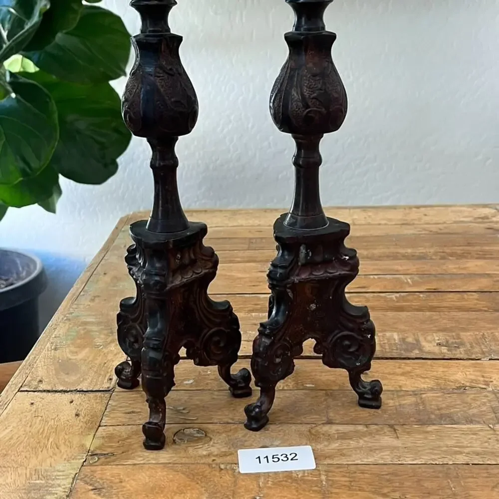 Rare Vintage Baroque Cast Iron Church Altar Candlestick Holders 13.75” Tall